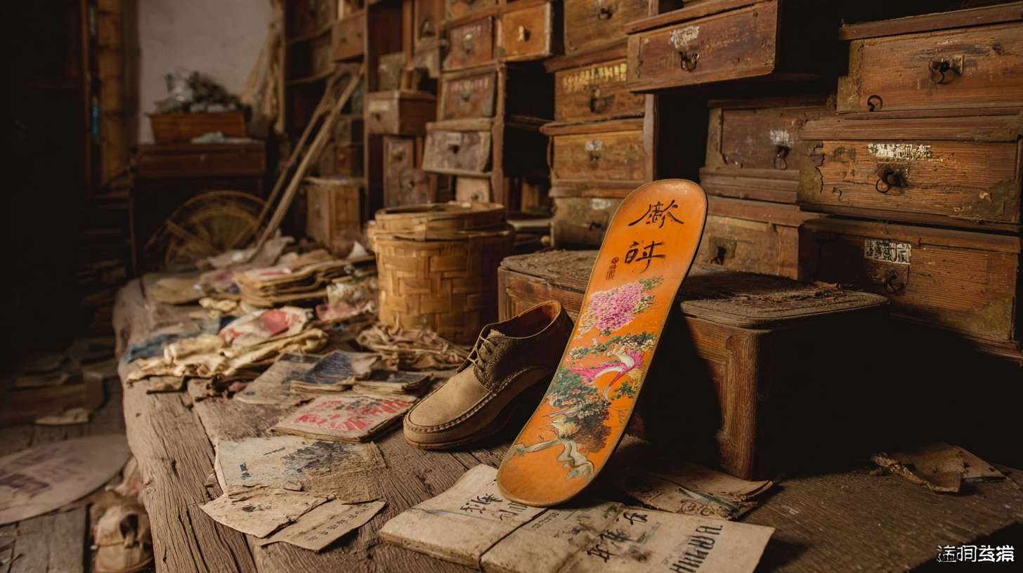 https://img-xpc-mj0.xpccdn.com/prod/upload/98677ad4-1d7d-4b12-b527-0e8a8f4f1793/%E6%8F%8F%E8%BF%B0%E6%9C%A8%E5%B1%90%E9%9E%8B%E5%9C%BA%E6%99%AF.png~tplv-5yakomv5zn-auto-v1%3A1024%3A0%3Aq75.jpg 单只、一只 木屐鞋在老宅阁楼，堆满旧衣柜，藤箱和散落的报纸， --ar 16:9 --v 7 --stylize 100 --fast --iw 1 --no 水印