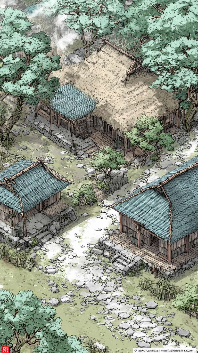 新手村-水墨风
750x1334px
构图:竖版全景,下方 2/3 为村落(3-4 间茅屋、竹篱笆、石板路),上方 1/3 为远山(层峦叠嶂)核心元素:- 茅屋:稻草屋顶(焦墨点画)、竹木结构(淡墨线条)- 炊烟:淡墨留白,呈 “S” 形飘散- 点缀:村口老槐树(浓墨枝干、淡墨树叶)、田埂小路
主色调:灰蓝色(R150-170, G160-180, B180-200)辅助色:- 屋顶稻草:暖灰色(R160-170, G150-160, B130-140)- 树叶:淡绿色(R140-150, G160-170, B130-140)统一适配:灰蓝色与其他场景主色调明度对齐(保持 30%-85% 区间)
1. 炊烟用 “淡墨晕染 + 留白” 技法,与竹林的薄雾笔触一致2. 茅屋线条粗细与武馆的木架线条保持统一3. 远山墨色层次与山间小路的云海层次一致 --ar 9:16 --v 7 --stylize 100 --fast --no 水印