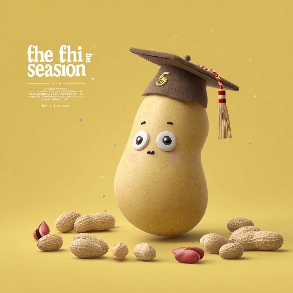 我需要设计一个KV主题，是一个幼儿园毕业典礼的海报，主题是“The fifth season graduation ceremony"。画面的主角是一个金色的种子（豆子）带着毕业帽，金色的种子是卡通形象有眼睛鼻子嘴（儿童卡通）。我需要一个非常完整的画面，要丰富的周围背景。 --ar 1:1 --v 7 --stylize 100 --fast --no 水印