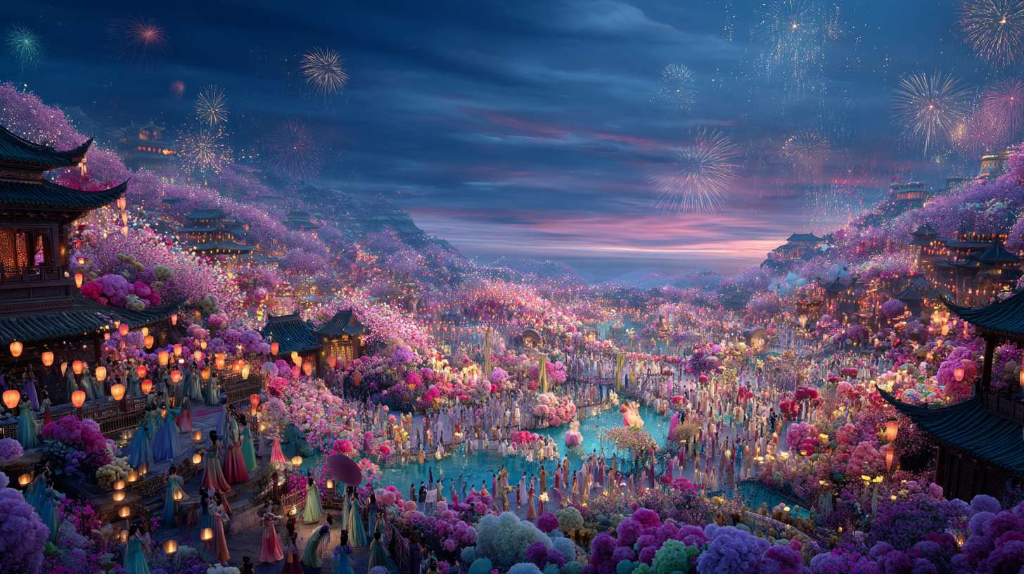 Unreal Engine 5 rendering, in this awe-inspiring scene of the ancient Luoyang Flower Festival, the composition centers on a vast sea of blooming peonies, surrounded by ancient-style pavilions, buildings, and winding corridors adorned with countless red lanterns, while the night sky is continuously lit up by colorful fireworks, the foreground features a celebrating crowd dressed in elegant Hanfu singing and dancing, the middle ground includes traditional Chinese architecture such as eaves-cornered pavilions, and the background blends deep blue starry skies with brilliant fireworks, in terms of color, vibrant reds, golds, and greens dominate, symbolizing luck and wealth, with the pink and white of the flowers sharply contrasting with the warm yellow of the lanterns, and the multicolored lights of the fireworks adding dynamic color variations, the lighting effects are exquisitely detailed, the soft glow from the lanterns casts warm shadows on people's faces and the ground, while the explosive flashes of fireworks create dazzling halos, contrasting with the cool moonlight to enhance the image's depth and dynamism, the entire scene is bustling and lively, with lanterns swaying gloriously, fireworks sparkling brilliantly, and the crowd cheering incessantly, as if transporting the viewer into a dreamlike ancient prosperous era filled with the charm of Chinese elements. --ar 16:9 --v 7 --c 20 --quality 4 --stylize 100 --fast