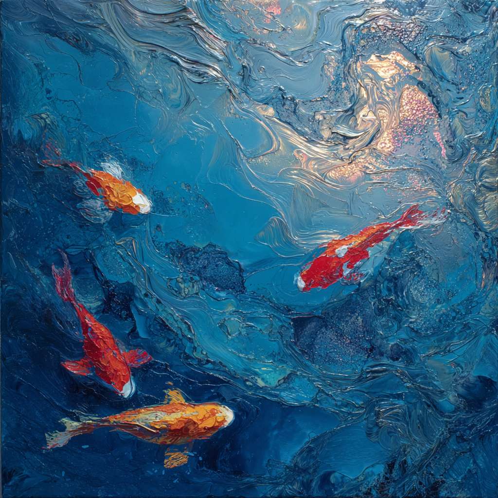 Dreamy blue depths with iridescent light patterns, koi fish in vivid reds and golds, expressive strokes blending water’s fluidity and fish’s grace, abstract. --ar 1:1 --v 7 --stylize 100 --fast