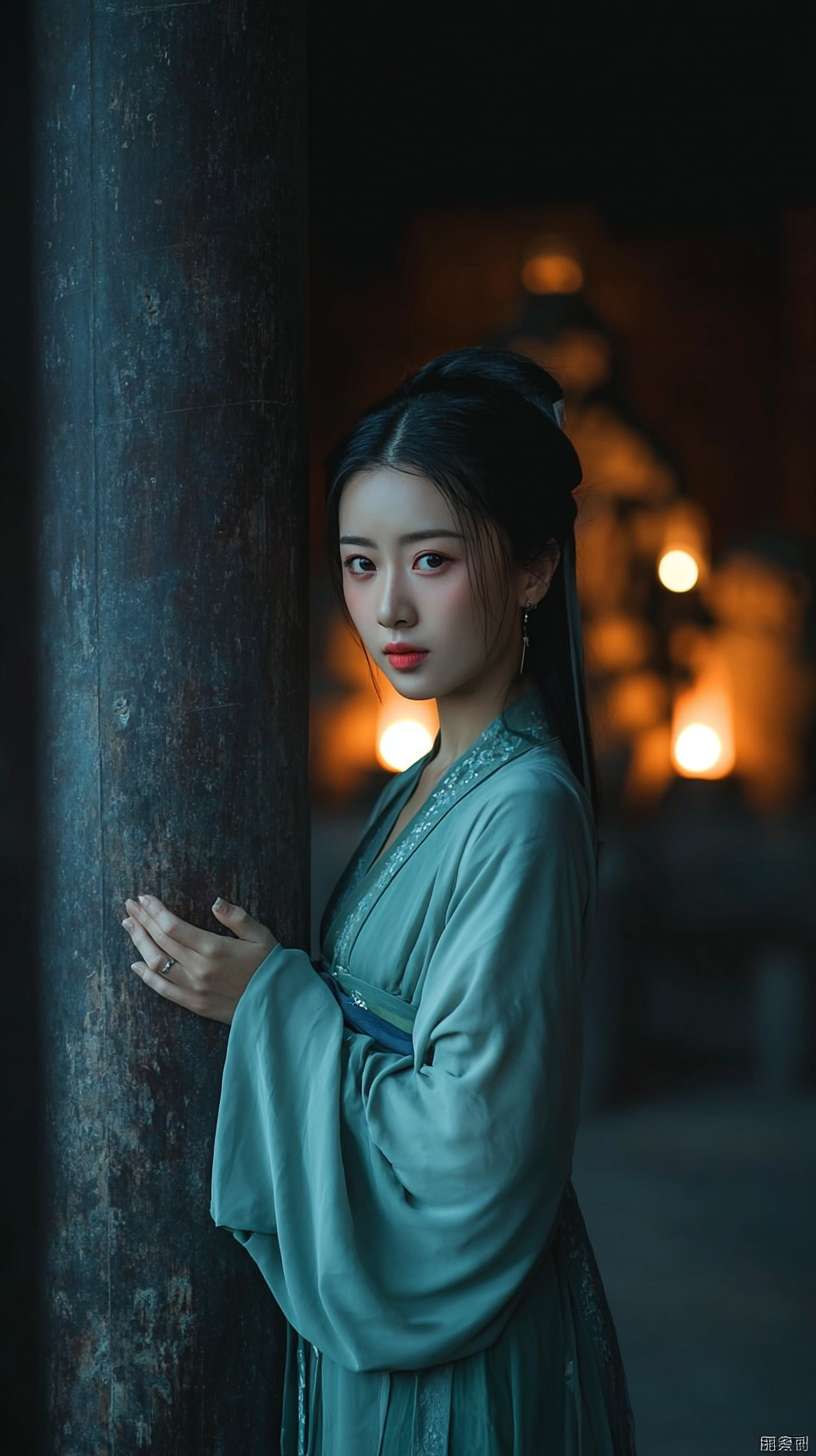 https://img-xpc-mj0.xpccdn.com/prod/upload/6b972415-610e-47e7-95a6-6e582e3f8681/%E5%A5%B3%E5%AD%90-1.png~tplv-5yakomv5zn-auto-v1%3A1024%3A0%3Aq75.jpg 参考图中女子容貌和背景，深夜寺庙，一个身着古风青衣的女子，从昏暗寺庙的柱子后探头而出，手轻扶着柱子，容貌清丽脱俗，眼神带着一丝哀愁。正面中景镜头，写实风格 --ar 9:16 --v 7 --stylize 100 --fast --iw 1 --no 水印