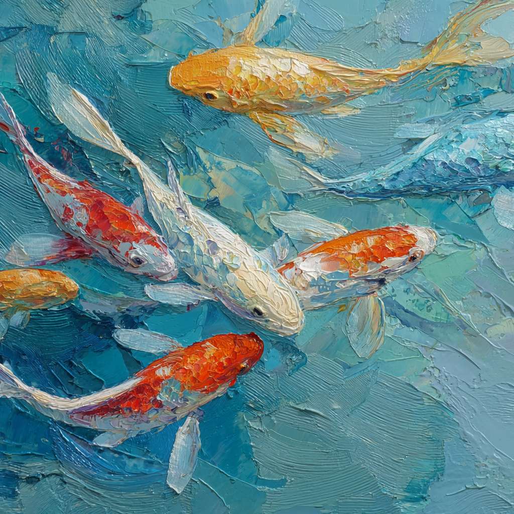 Surreal koi in a sea of blue, 五彩光影 creating ethereal patterns, thick impasto for water, thin lines for fish movement, oil. --ar 1:1 --v 7 --stylize 100 --fast --no 水印