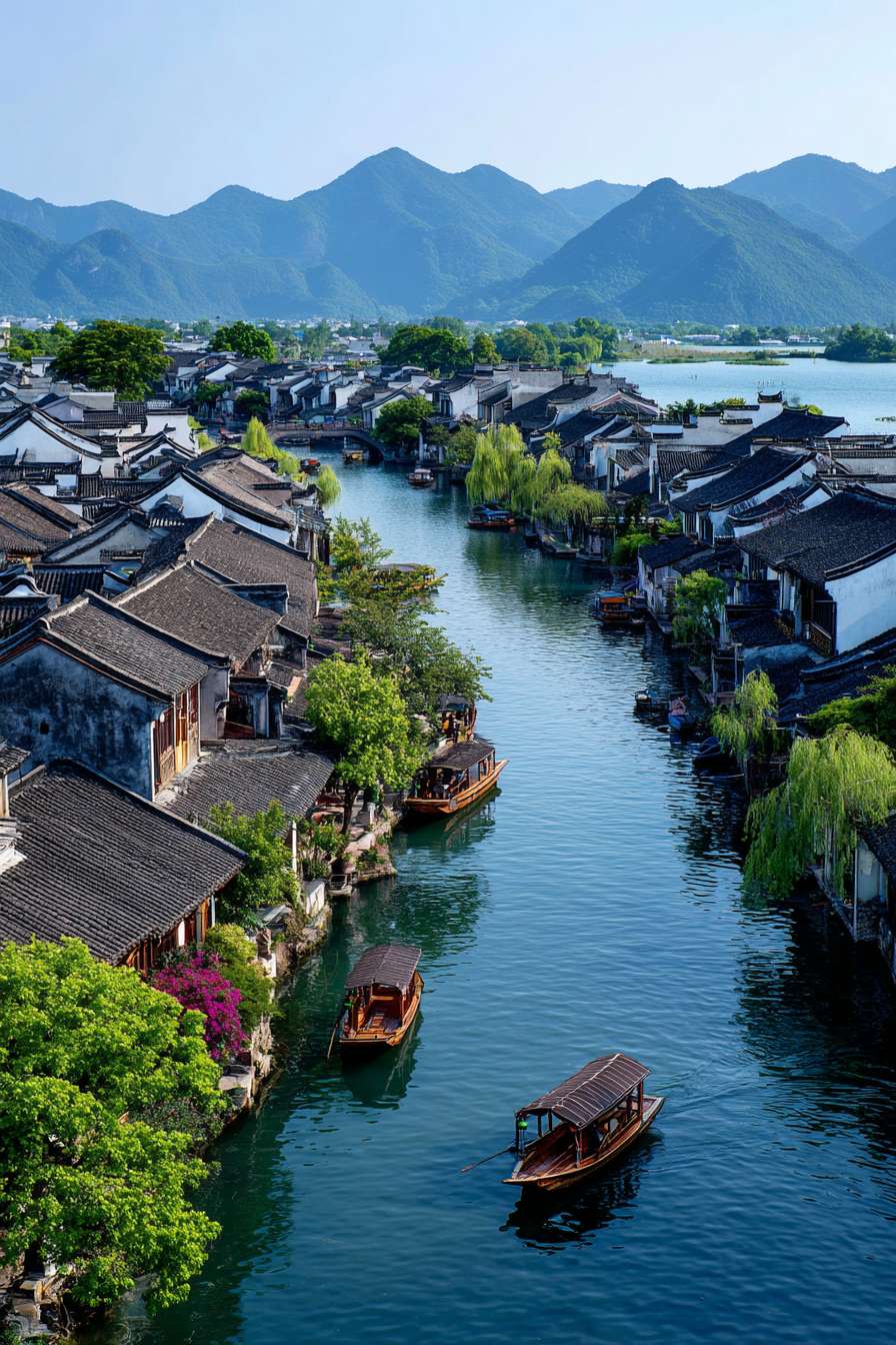 江南水乡、王肇民睡彩画风格、留白70%，小桥流水，俯视构图， --ar 2:3 --v 7 --stylize 100 --fast --no 水印