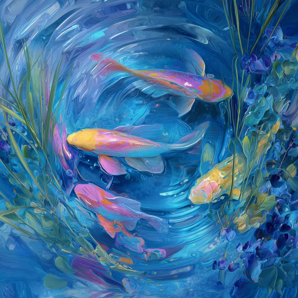 Surreal blue aquarium with koi shimmering in rainbow light, bold strokes for ripples, delicate strokes for fish details, abstract. --ar 1:1 --v 7 --stylize 100 --fast