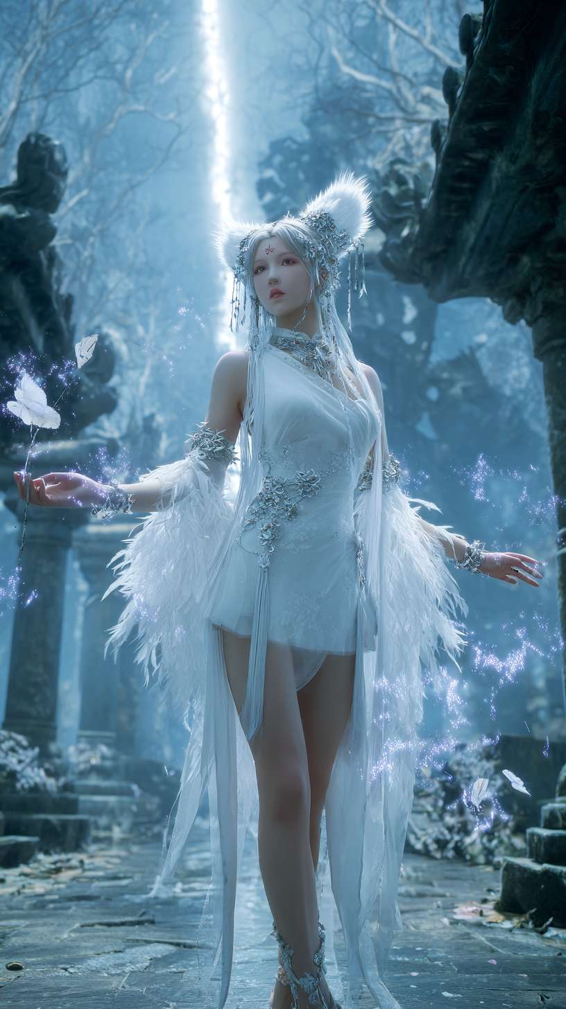 8K high - definition cinematic realism with Tsui Hark's fantastical camera techniques. Nie Xiaoqian wears a white绡纱 high - waisted ruqun featuring a tasteful slit that artfully frames her graceful legs, her semi - transparent feather silk outer robe flowing like liquid silk in artificial wind. She stands before a dilapidated temple in ancient forest depths, where moss - covered pillars are tangled with spiderwebs and broken clay statues cast eerie shadows under moonlight. A diagonal ray of God's light pierces through tree canopies, silvering her hair and highlighting drooping fox ears that evoke vulnerability. Her ice - blue demonic eyes glisten with unshed tears, framed by crystalline silver filigree. Pale skin glows with pearlescent moonlight as she holds floating dead leaves with trembling hands, silver bracelets jingling softly. Purplish - blue demonic energy coils around her ankles in particle特效, creating surreal patterns on rubble - strewn ground. The background blurs into mist - shrouded primeval forest, while fireflies in 0.5x speed orbit her. The color palette combines Tsui Hark's signature cyan - blue cool tones with warm golden佛光, emphasizing her haunting fragility. --ar 9:16 --v 7 --stylize 100 --fast --no 水印