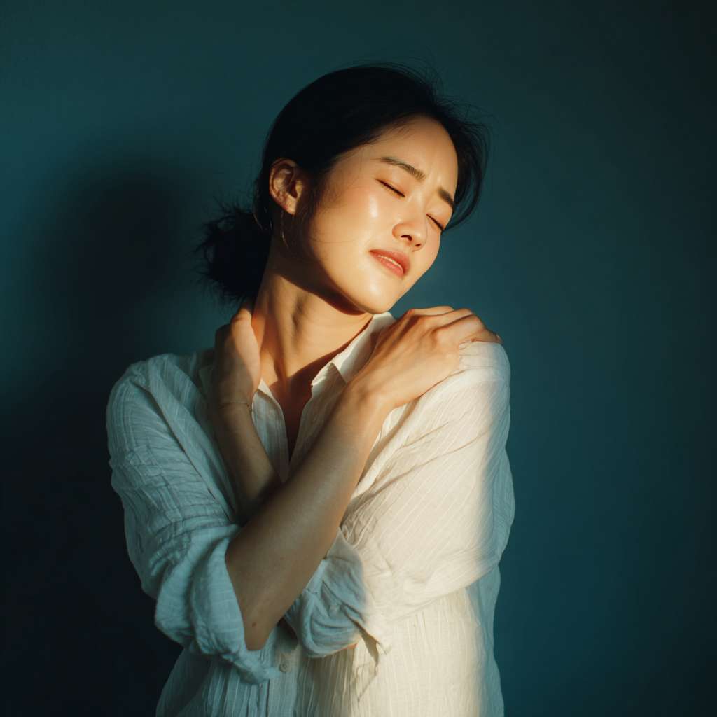 A picture of an Asian person peacefully slapping their cubital fossa --ar 1:1 --v 7 --stylize 100 --fast