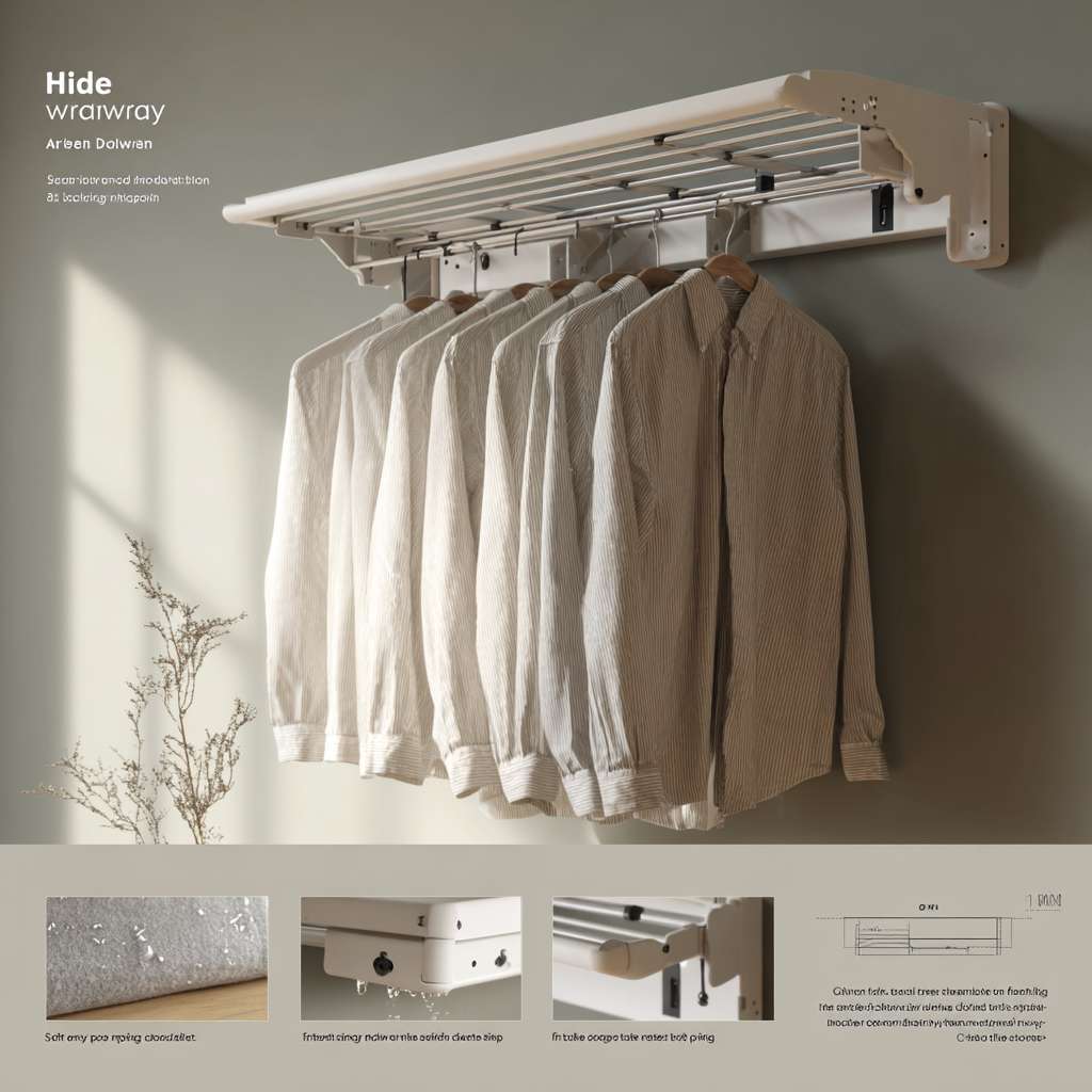 "Hide-away wall-mounted drying rack, extended aluminum bars with silicone anti-slip grooves, realistic wet cotton shirt stretching the frame, water droplets falling into transparent drainage tray, Scandinavian living room context, before/after folding comparison inset, studio lighting with fabric texture emphasis" --ar 1:1 --v 7 --stylize 100 --fast