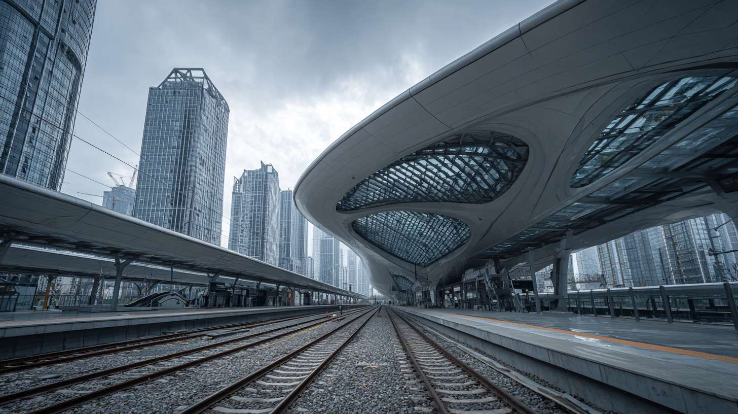 科幻朋克城市火车站建筑，未来朋克城市建筑，科幻建筑，未来城市建筑，未来科幻朋克建筑 --ar 16:9 --v 7 --stylize 100 --fast --no 水印
