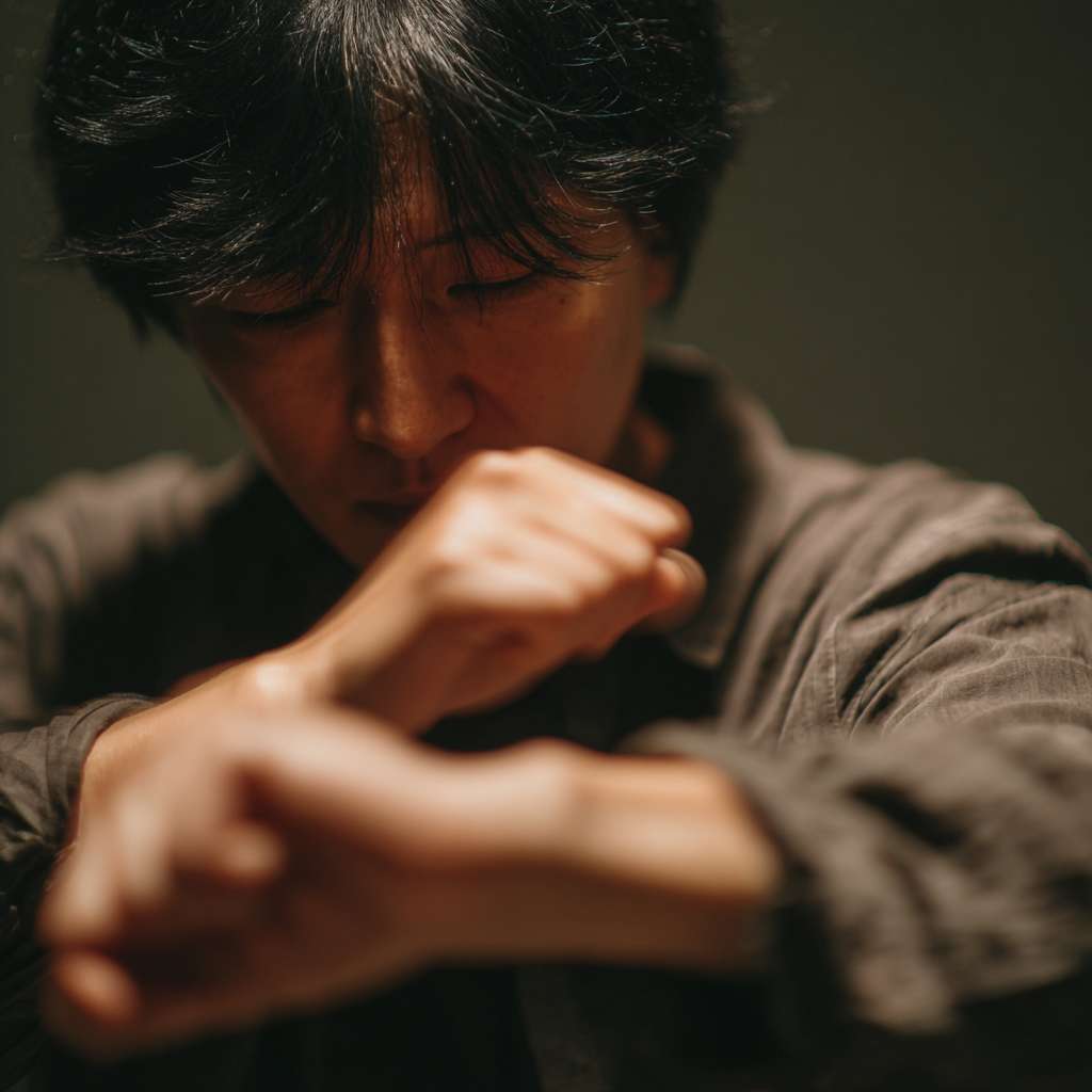 A motion picture of an Asian person slapping their cubital fossa --ar 1:1 --v 7 --stylize 100 --fast