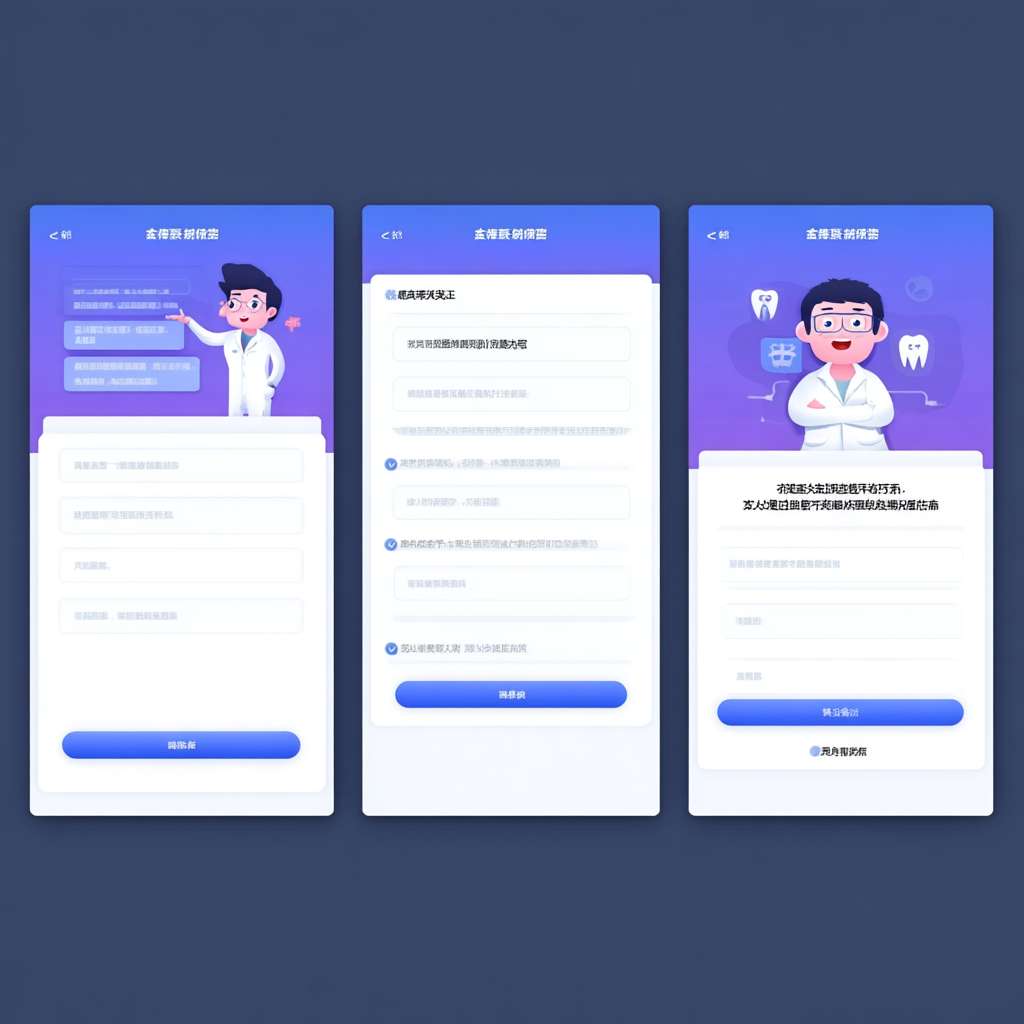 https://img-xpc-mj0.xpccdn.com/prod/upload/b089a5a1-9753-43c6-94ef-d8a7407ea38e/%E6%88%AA%E5%B1%8F2025-07-03%2016.02.12.png~tplv-5yakomv5zn-auto-v1%3A1024%3A0%3Aq75.jpg 请你给我设计一个网页,以三张图片的方式呈现。要求:该网页是用于诊疗型AI,要有一个对话框可以输入患者的基本情况,如牙周病和高血压、高血脂等慢性疾病的结合,根据牙周病情况和不同类型的慢性疾病,AI可以在另外一个对话框中输出个性化的诊疗建议。附加的图片是示例,要包含图片中的三个主要内容,这三个主要内容分成三张页面设计图。你的任务就是给我这个网页的设计图。有科技感,简洁大方。三个设计图要一个问答界面 一个输入输出回复界面 一个小人牙疼界面,整体风格一致。 --ar 1:1 --v 7 --stylize 100 --fast --iw 1 --no 水印
