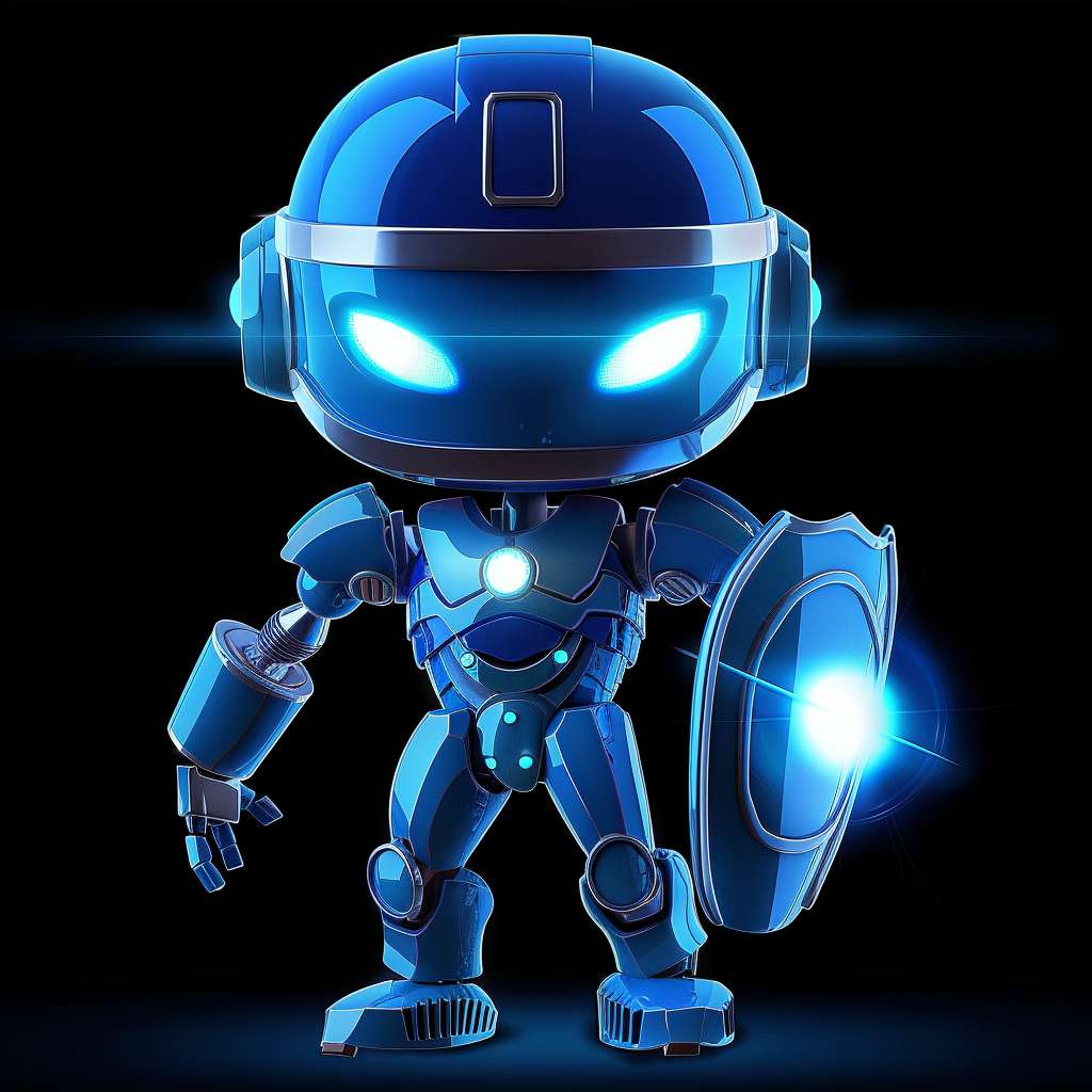 [安全侠]：blue robot with shield chest, glowing safety helmet, friendly superhero pose, clean vector art --ar 1:1 --v 6.0 --stylize 100 --fast