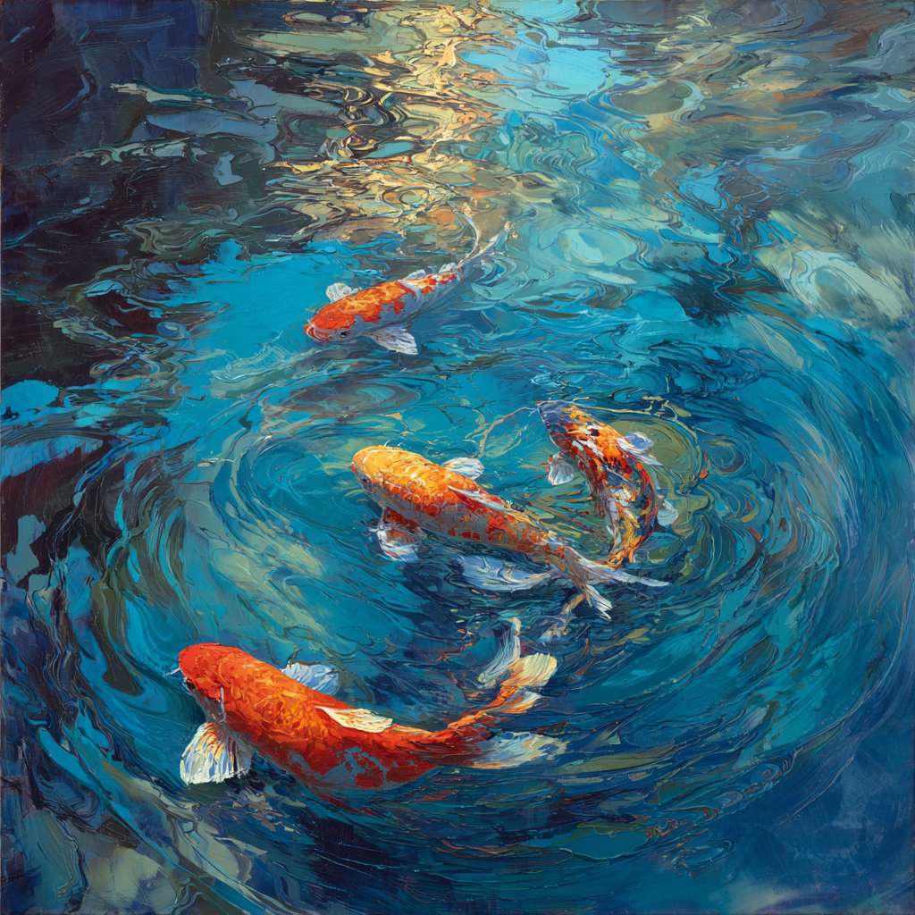 Dynamic blue sea with swirling light and swimming koi, brushwork blending loose and detailed styles, lively energy, abstract oil. --ar 1:1 --v 7 --stylize 100 --fast
