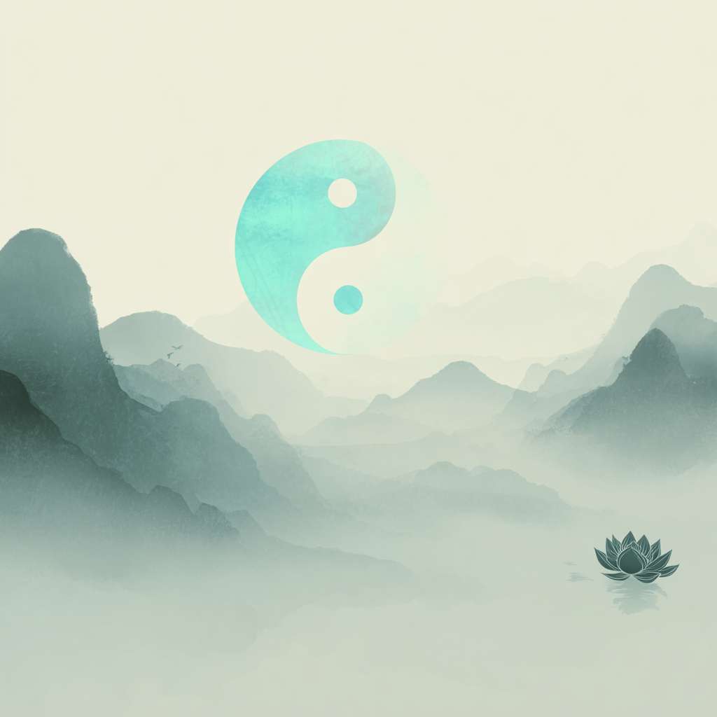 Ethereal Chinese ink background with translucent cyan Tai Chi symbol faintly glowing at center-left, misty mountain gradients in the distance, 90% negative space in rice paper white, one floating lotus petal in matching青色 (#478584) near the right edge, ultra minimalist Zen style, no text --ar 1:1 --v 7 --stylize 100 --fast --no 水印
