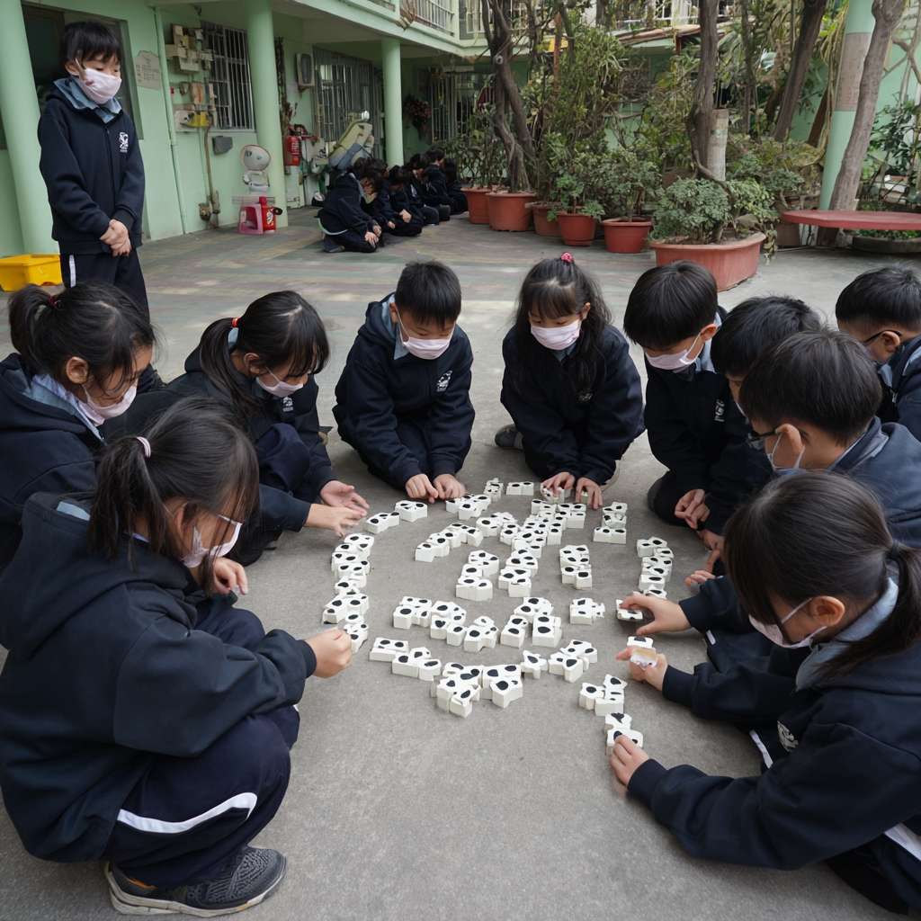 一班小六穿校服的學生們在校園裡圍成一個半圓形，以熊貓為主題，學生們一起將積木併上瀕危動物圖案玩集體遊戲 --ar 1:1 --v 7 --stylize 100 --fast --no 水印