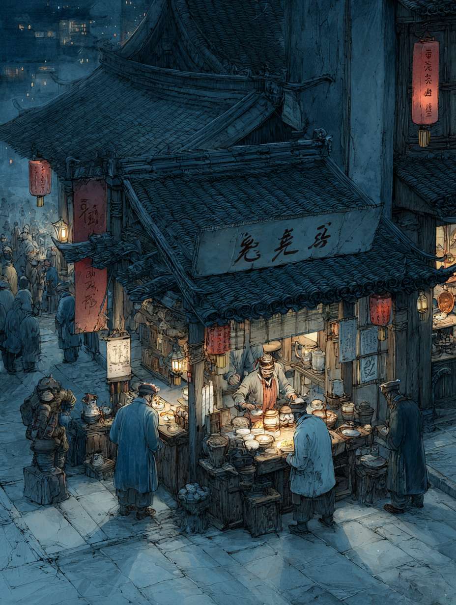 宋代风格江洋大盗夜袭商铺场景，蒙面盗贼手持火把，瓷器店、首饰店和绸缎庄的掌柜惊慌失措，古代中国街道夜景，水墨画风格，深蓝色调 --ar 3:4 --v 7 --stylize 100 --fast --no 水印