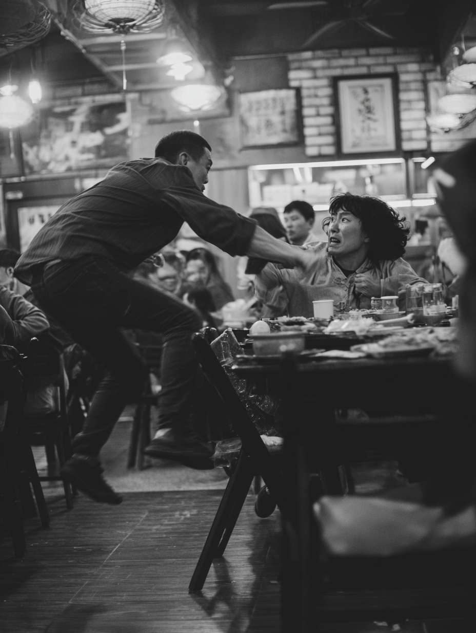 宋代餐馆内恶霸吃霸王餐场景，彪悍的食客拒绝付账，店小二试图阻拦但被推开，桌椅翻倒，其他食客惊讶观望，戏剧性构图，深色调 --ar 3:4 --v 7 --stylize 100 --fast --no 水印