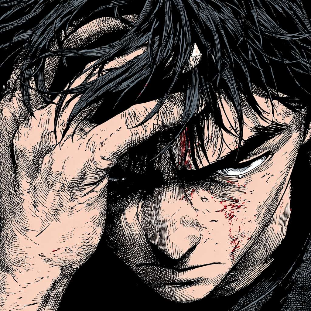 漫画 粗糙冰凉的触感从额头传来，是那块据说能沟通天地、映照命途的石头。我闭上眼，所有卑微的渴望和孤注一掷的勇气都凝聚在这一刻。掌心渗出的汗，黏腻冰凉，在焦灼的等待中几乎冻结。 --ar 1:1 --v 7 --stylize 100 --fast --no 水印