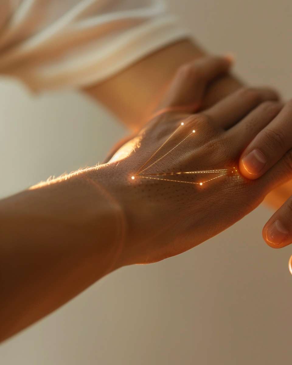 A close-up of an Asian person gently tapping the folds on the inside of their elbow crease, with red acupuncture points glowing and a soft golden light, in a minimalist medical illustration style, without text --ar 4:5 --v 6 --stylize 100 --fast