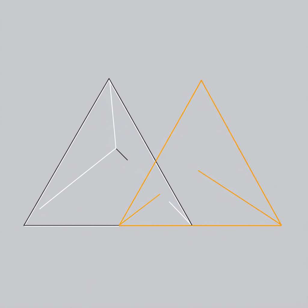 只需要简单的线段，不需要真实的物体，两个独立等腰三角形两个角挨着，在下面，一个等腰三角形左边的角挨着下面左边的三角形的顶点，右边的角挨着下面右边的三角形的顶点在上面，组成一个新的等腰三角形 --ar 1:1 --v 7 --stylize 100 --fast --no 水印