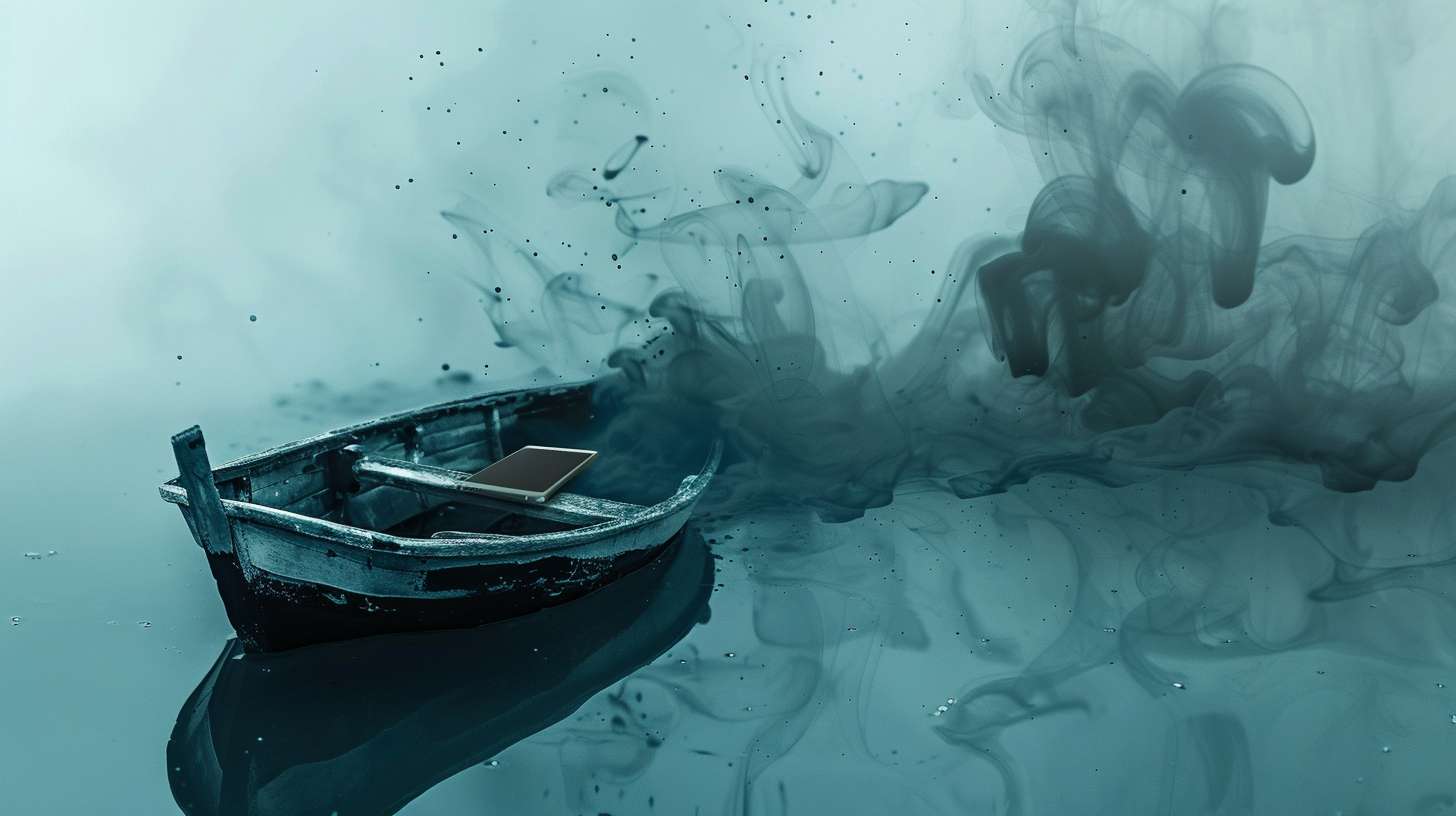 Glass boat floating in ink ocean, reflection shows smartphone sinking, surreal style, no text --ar 16:9 --v 6 --stylize 100 --fast