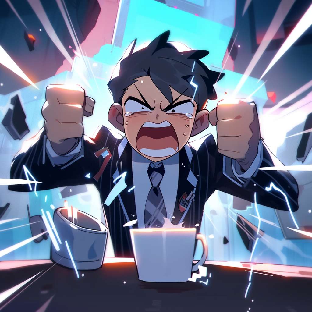 An angry office worker in a gray suit, fists clenched, steam coming out of nostrils, staring at a broken coffee cup on a messy desk, neon lights flickering in the background, dramatic lighting, --ar 1:1 --style cute --stylize 600 --fast --niji 5
