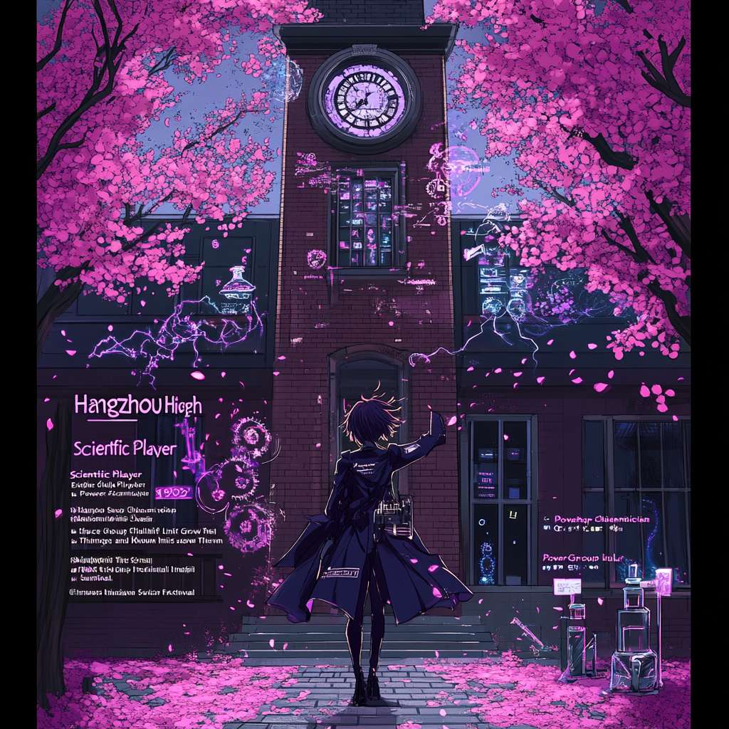 海报全景构图
背景基底:杭州高级中学标志性场景——红砖钟楼+樱花大道。
• 钟楼墙面清晰可见“杭州高级中学”校名牌匾,墙体斑驳处用紫色光效勾勒齿轮纹路(科技感与历史感融合)。
• 樱花树的花瓣飘落时呈现数据流特效(粉色樱花→紫色数据碎片),地面石板路嵌入“科学玩家”LOGO(齿轮+试管图案)。
角色布局与杭高元素融合细节
主视觉:Kafka(C位)
• 服饰:黑色长风衣改良为杭高校服西装款,左胸口别着校徽胸针(圆形徽章内有钟楼图案),袖口露出白色衬衫袖口(校服标配)。
• 动作:右手插兜,左手挥出紫色光链,光链缠绕着试管、烧杯、电路板等科学元素(光链末端炸开“科学玩家”字样火星)。
• 背景:身后悬浮半透明的杭高实验室剪影(显微镜、烧瓶与星穹铁道的星轨重叠)。
左侧角色群像
1. 黑天鹅
◦ 服饰:黑色头纱边缘绣杭高樱花纹样,长袍底色改为深紫色校服色,裙摆处印有校史年份“1902”暗纹。
◦ 塔罗牌:手中卡牌替换为**“物理”“化学”“生物”学科符号**(如烧杯、元素周期表、DNA双螺旋),乌鸦翅膀边缘闪烁电路光效。
◦ 站位:站在杭高旧教学楼台阶上,背后是教室窗户,窗内透出实验仪器的荧光。
2. 藿藿
◦ 服饰:绿色短发挑染杭高校服蓝,狐狸耳内侧为粉色(呼应樱花),腰间系着杭高运动会奖牌挂绳(挂着迷你齿轮吊坠)。
◦ 旌旗:手中小旗写**“杭高科学社”字样,旗面图案为狐狸+试管的萌系LOGO,蹦跳时脚下踩化学元素周期表地砖**(特效随脚步亮起)。
◦ 彩蛋:脚边小狐狸幻影叼着杭高樱花书签,书签飘带写“探索”二字。
3. 桑博
◦ 服饰:紫色短发挑染杭高红砖色,风系刀刃刻有校歌歌词片段(小篆字体),腰间别着杭高门禁卡(卡面有他的搞怪照片)。
◦ 动作:单膝跪地撑刀,刀刃插入地面的杭高操场跑道(跑道线变形为风元素纹路),身后飘带缠绕杭高百年校庆徽章。
右侧角色群像
1. 阮梅
◦ 服饰:旗袍采用杭高校服蓝白配色,领口盘扣为樱花造型,裙摆绣杭高图书馆穹顶纹样,伞柄镶嵌校徽宝石。
◦ 纸伞:伞面水墨画为杭高钟楼雪景,伞尖滴落的紫色药液在空中凝成数学公式(如E=mc²),背景是古典窗框+实验室百叶窗重叠。
◦ 站位:站在杭高“院士墙”前(墙上挂着校友科学家照片,用紫色光框突出)。
2. 知更鸟(环宇歌姬)
◦ 服饰:长裙底色为杭高天空蓝,星辰图案替换为杭高历届科技节LOGO,鸟翼头饰羽毛为樱花粉+科技银渐变。
◦ 动作:指尖拨弄的琴弦是光纤材质,音符化为杭高校徽图标漂浮空中,脚下是星穹列车车厢改造的舞台(车窗映出杭高教室桌椅)。
3. 卢卡
◦ 服饰:红色短发扎成杭高男生经典发型,拳击手套印杭高体育社团徽章,背心侧面绣**“科学玩家·力量组”**字样。
◦ 场景:站在杭高体育馆擂台,背景铁丝网挂着**“挑战极限”横幅**,聚光灯光束是紫色电流形状,拳套碰撞出化学元素火花。
远景彩蛋角色
• 娇秋:站在杭高泮池石桥上,宫造司服饰绣杭高水系景观纹样,折扇展开露出**“格物致知”书法**(墨字带荧光特效),眯眯眼反光处有星穹铁道星图。
• 桂乃芬:在杭高樱花树下抛洒鞭炮,红色烟雾中浮现杭高“科技节”字样与化学方程式(如2KNO3+S+3C=K2S+N2↑+3CO2↑),鞭炮纸花化为杭高校徽贴纸。
• 提宝:站在杭高科创中心屋顶,火箭筒喷涂杭高涂鸦(如钟楼+火箭),爆炸火光中飞出杭高定制版周边(钥匙扣、笔记本等),脚下齿轮平台刻**“脑洞即动力”**标语。 --ar 1:1 --v 6.1 --stylize 100 --fast
