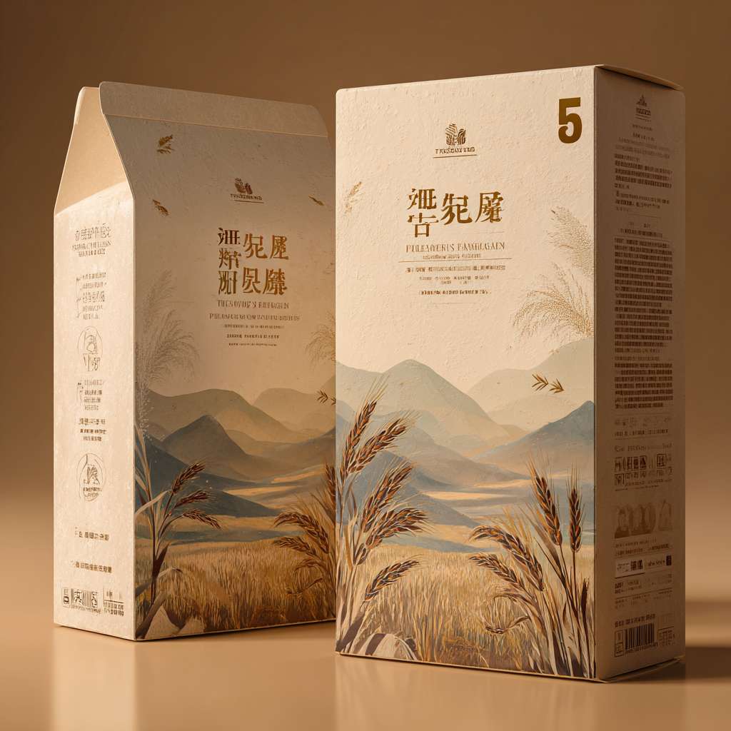 *“A premium 5kg wheat flour packaging, matte kraft paper box with gold foil stamping, transparent window showing white flour, hand-painted illustration of Inner Mongolia Hetao Plain wheat field with golden sunset and mountains, minimalist Chinese typography, earthy tone with luxury vibe, hyper-realistic product shot, studio lighting.”* --ar 1:1 --v 7 --stylize 100 --fast