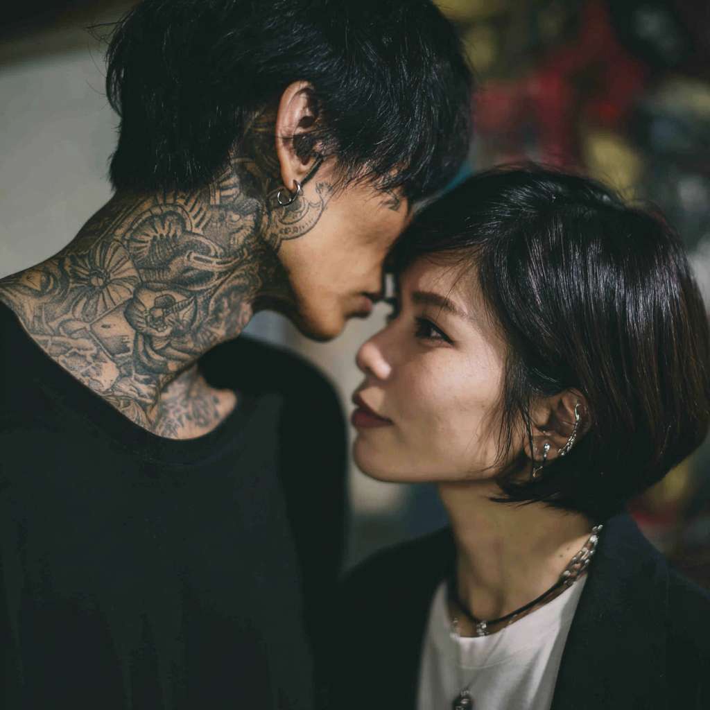 一个纹身帅哥，与一个清纯美女暧昧 --ar 1:1 --v 7 --stylize 100 --fast --no 水印