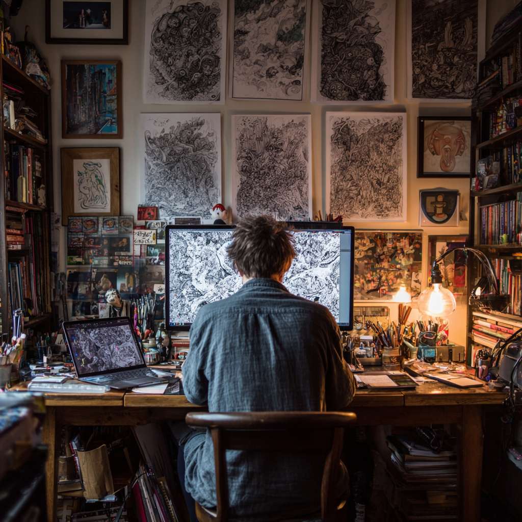 坐在书桌前，用电脑的图片 --ar 1:1 --v 7 --stylize 100 --fast --no 水印