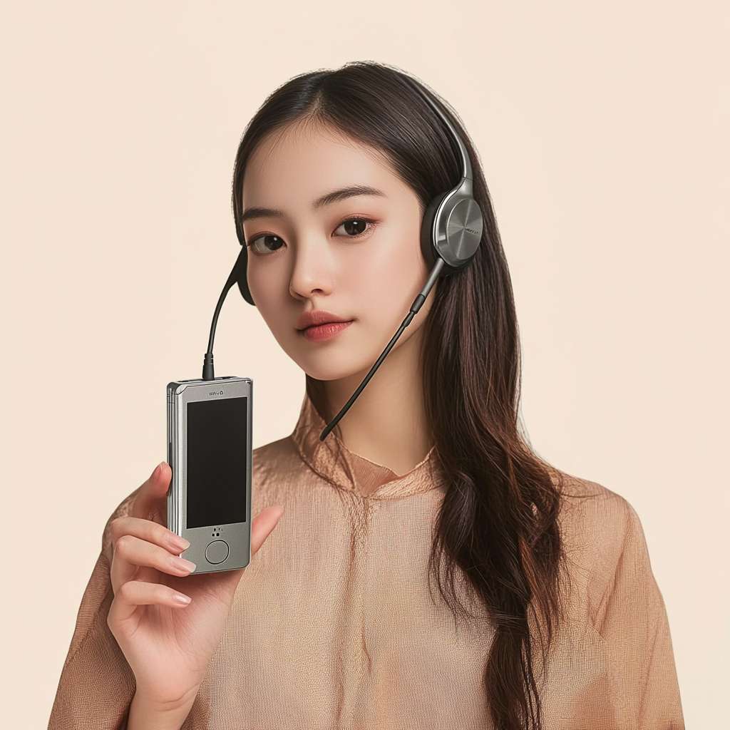 https://img-xpc-mj0.xpccdn.com/prod/upload/61ce0141-9a91-4cde-a901-2db3e64f11ae/%E5%BE%AE%E4%BF%A1%E6%88%AA%E5%9B%BE_20250409094538.png~tplv-5yakomv5zn-auto-v1%3A1024%3A0%3Aq75.jpg https://img-xpc-mj0.xpccdn.com/prod/upload/35cb2eec-09be-4567-bae0-dc1e20a7f672/%E5%BE%AE%E4%BF%A1%E6%88%AA%E5%9B%BE_20250409094609.png~tplv-5yakomv5zn-auto-v1%3A1024%3A0%3Aq75.jpg 一位模特拿着音乐播放器听音乐，简约纯色背景，近景特写，商业拍照，使用参考图片 --ar 1:1 --v 6.1 --stylize 100 --fast --iw 1