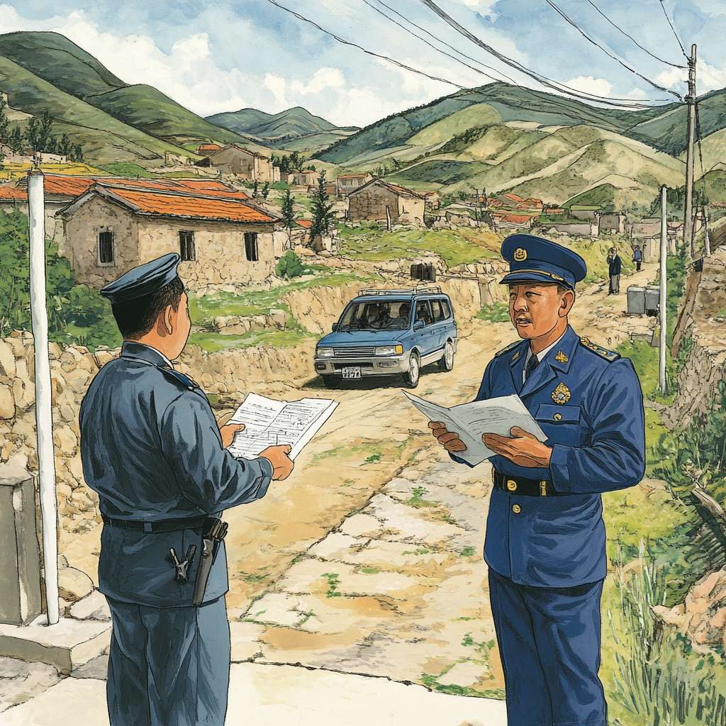 第二幅：扶贫政策到来
场景：同一小山村，但画面中有新的元素。
角色：
一位穿着制服的扶贫干部，手中拿着文件和图纸，正在和农民交谈。
背景中可以看到一些正在修建的基础设施，如新修的水渠、正在搭建的电线杆。
细节：
扶贫干部身后有一辆车。
农民的表情从愁容转为期待。
小女孩在旁边好奇地看着。
色彩：色调开始出现一些明亮的颜色，如扶贫干部制服的蓝色，电线杆的白色，象征希望的到来。 --ar 1:1 --v 6.1 --stylize 100 --fast