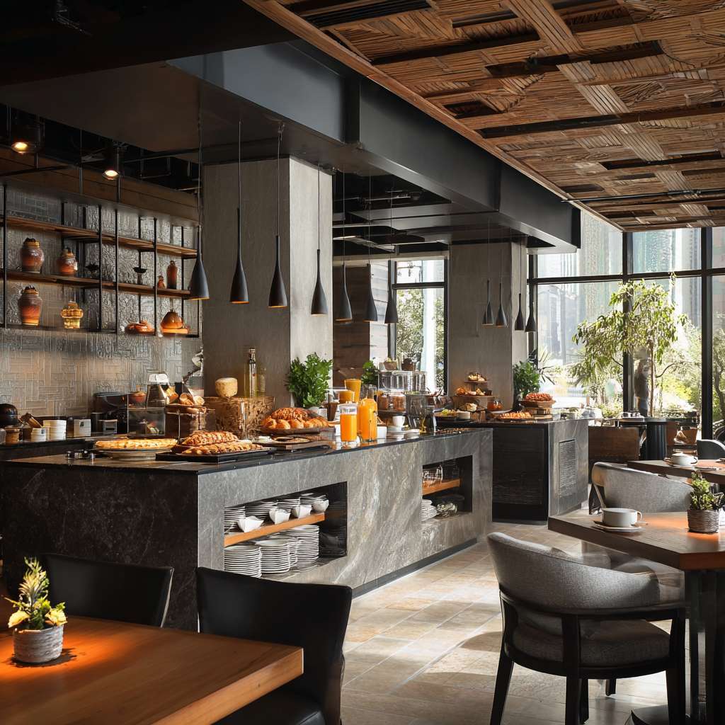 帮我做五张真实酒店餐厅早餐宣传实拍照片 --ar 1:1 --v 7 --stylize 100 --fast --no 水印