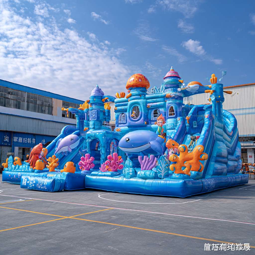 帮我生成一套充气造型的陆地充气城堡，以各种玩法的游戏障碍为主，充气障碍是海洋亚特兰蒂斯主题，拥有各种海底建筑，宝箱，人鱼，藏宝图的元素，注意，是充气造型的陆地充气城堡！并且充气城堡中间拥有一个巨大的海洋生物作为地表或者网红打卡点，海洋生物你可以从螃蟹，鲸鱼，八爪鱼，海豚中任意选择一个，我需要足够围绕一整个足球场的长度！拥有十段以上不同玩法的游戏 --ar 1:1 --v 7 --stylize 100 --fast --no 水印