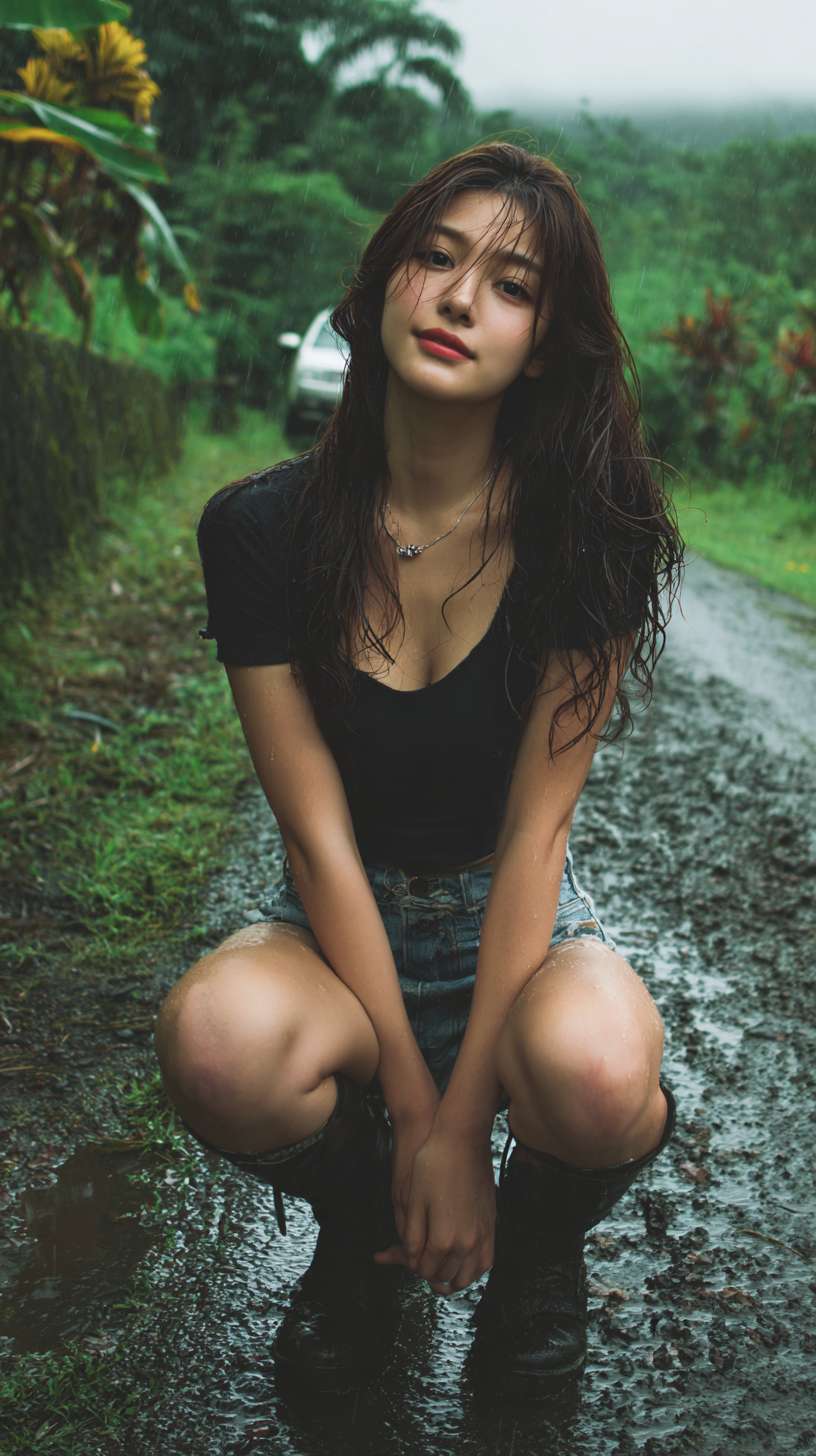 漂亮女孩，身材丰满，穿着牛仔短裤，坐在下完雨的泥坑里，样貌真实 --ar 9:16 --v 7 --stylize 100 --fast --no 水印