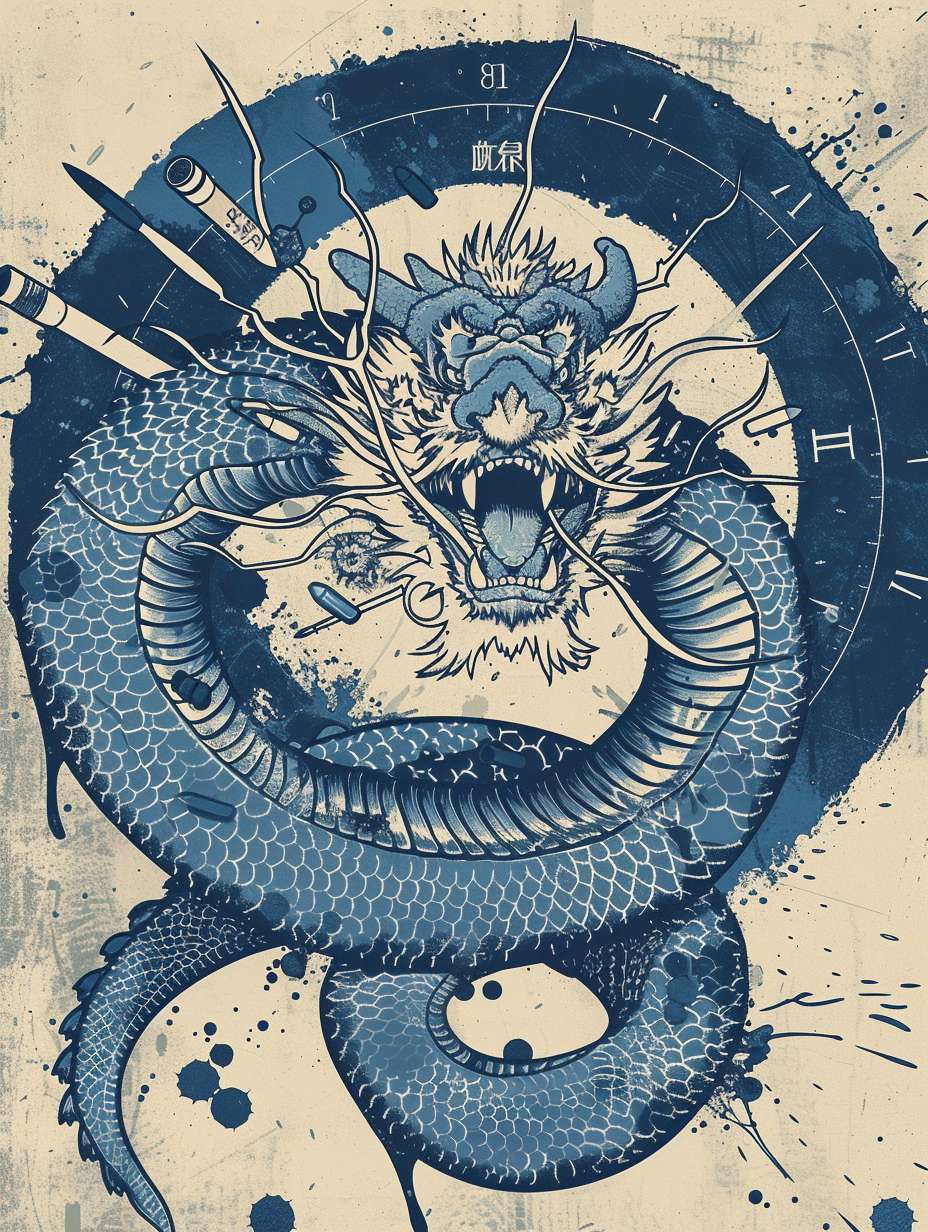 `prompt
Full back T-shirt print, Thai snake king coiled around a shooting target, Chinese dragon breathing fire through IPSC paper poppers, dynamic bullet tracers in blue, tactical line art, screen printing friendly limited palette, 300dpi print ready --ar 3:4 --v 6 --stylize 100 --fast