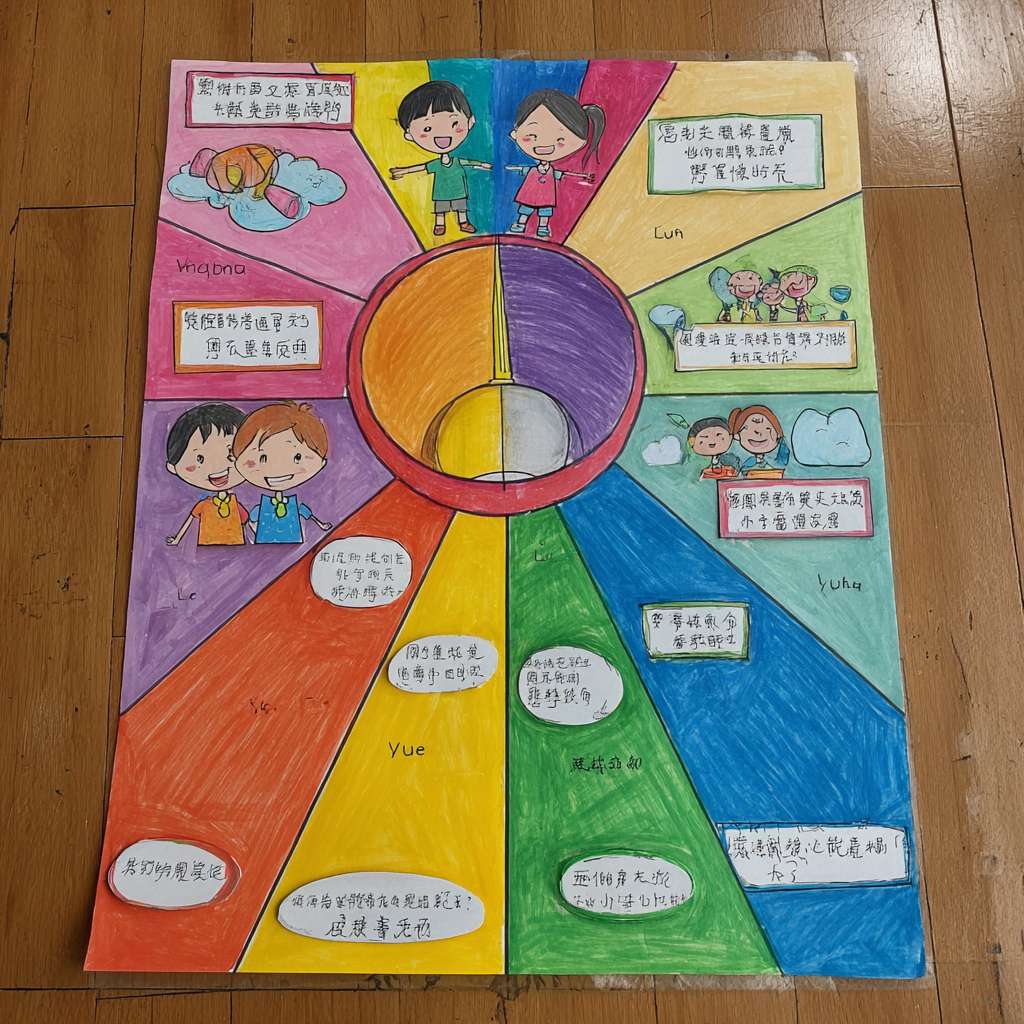幼儿园大班布置推广普通话手抄报作业，如何构思一个画面鲜明、主题突出、以图为主的手抄报内容。
一、整体构图：一个大大的“喇叭”当主角
画一个几乎占满纸的彩虹色大喇叭（圆锥形+喇叭口），象征“把普通话传遍天下”。
喇叭口朝右上角，自然形成“对角线构图”，空白处正好放文字。
喇叭里“喷”出 4 个彩色气泡，每个气泡里画一幅小图，对应 4 句童谣。
二、4 句“一看就会读”的童谣（每句 5～7 个字，方便孩子描红）
把 4 句童谣分别写进 4 个气泡里，字大、描红、加拼音，老师家长一眼能读。
① 举起彩虹小喇叭
② 大家来说普通话
③ 字正腔圆顶呱呱
④ 祖国妈妈笑哈哈
三、配角让画面“活”起来
喇叭左下画 2 个小朋友，一个汉族、一个少数民族（加小辫子或特色服饰），一起张大嘴做“a—o—e”口型，体现“大家都说普通话”。
喇叭右下画一只卡通“话筒精灵”（给话筒画手脚、笑脸），手拿“五星小贴纸”，暗示“说得棒就奖励”。
背景用淡色中国地图剪影（或只画几座不同颜色的小房子），表示“普通话传四方”。
四、颜色搭配口诀
“喇叭彩虹色、人物原肤色、背景淡蓝绿”，保证主角色彩炸、背景不抢戏。
五、标题 
大家来说普通话
六、手工加分小技巧
喇叭口边缘贴一圈金色亮粉胶，太阳一照“闪”——抓眼球。
4 个气泡用泡沫胶垫高 3 mm，立体又好玩。
把童谣字做成小拉环，孩子能来回拉动，互动感满满。 --ar 1:1 --v 7 --stylize 100 --fast --no 水印