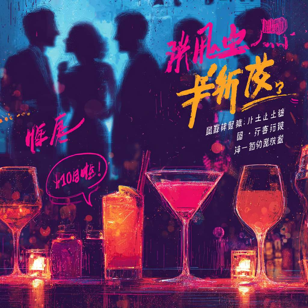 格焦点 + 社交剪影 
背景： 深邃有质感的背景（如深蓝丝绒、暗纹金属、暖调灯光虚化）。 
前景左侧 (显眼位置)：一个巨大的、设计感十足的价格标签图标。 超大、加粗、醒目的字体霓虹灯效果写着酒水价格:百威哈啤雪花新锐动力138元/人和蓝妹漓泉嘉士伯喜力168元/人 小字文案：酒水自由，畅饮无压力 
前景右侧/上方使用风格化的人物剪影或优雅侧影，展现2-3组不同的人在轻松交谈、碰杯、微笑的场景。剪影带有氛围暖黄光晕。
在这些社交剪影之间或上方，加入小心心、对话气泡图标 (气泡里可以是省略号或简短的友好词汇如“Cheers！”、“你好”)。 
核心文案：主标题 (醒目)：低成本，高邂逅！[鸿乐酒吧] 盛大开业！用一杯酒的代价，开启一场浪漫奇遇。 
开业信息：7月10日
营业时间：20:00 - 5:00
地址：东莞市中堂镇北王路中堂段9号1栋102室
并点缀着微小的星光、光斑。不要有错别字。 --ar 1:1 --v 7 --stylize 100 --fast --no 水印