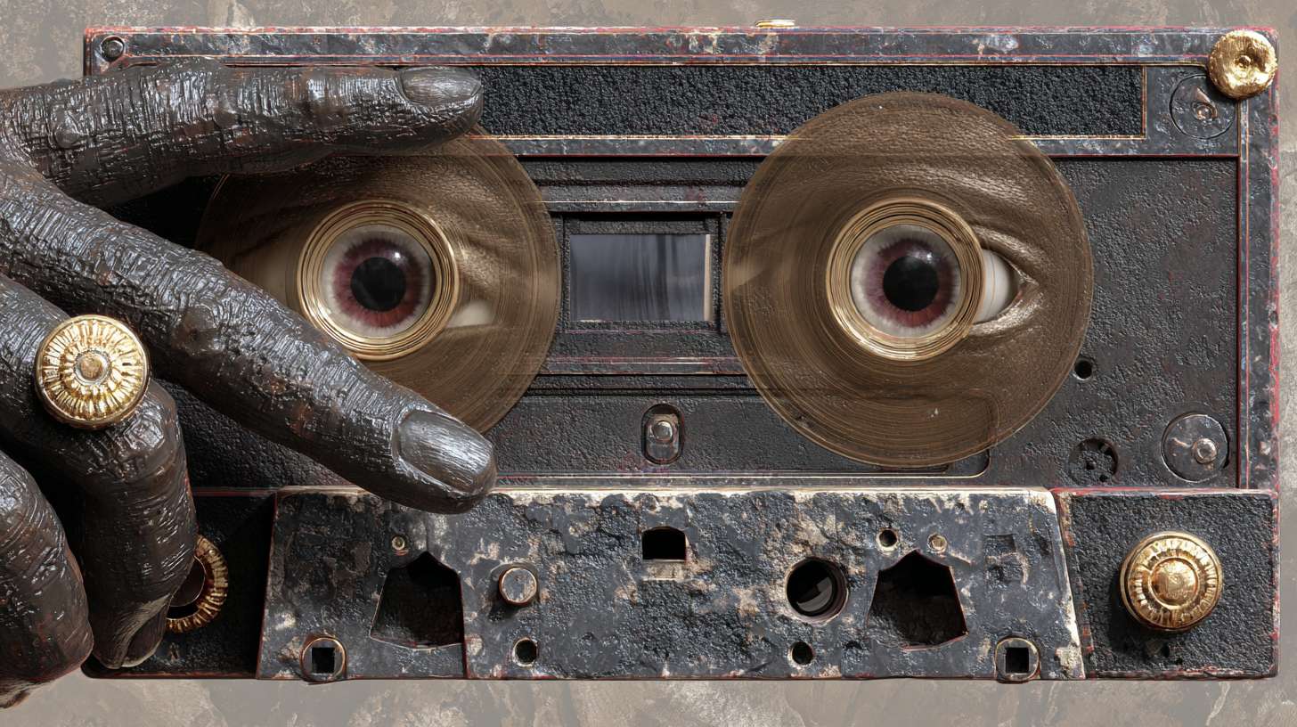 Dreamscapes, theme: Surrealist 3D stereoscopic effect, depicting a trembling hand pressing the play button of an old-fashioned cassette player, with two circular gears on the tape player and two brown eyes. Surrealist atmosphere: The connection between the eyes and hands is eerie and mysterious, as the Buddha like hand uncovers the truth about the eyes or performs a silent magic. The whole picture conveys an unknown atmosphere, emitting a surreal and charming beauty --ar 16:9 --v 7 --stylize 100 --fast