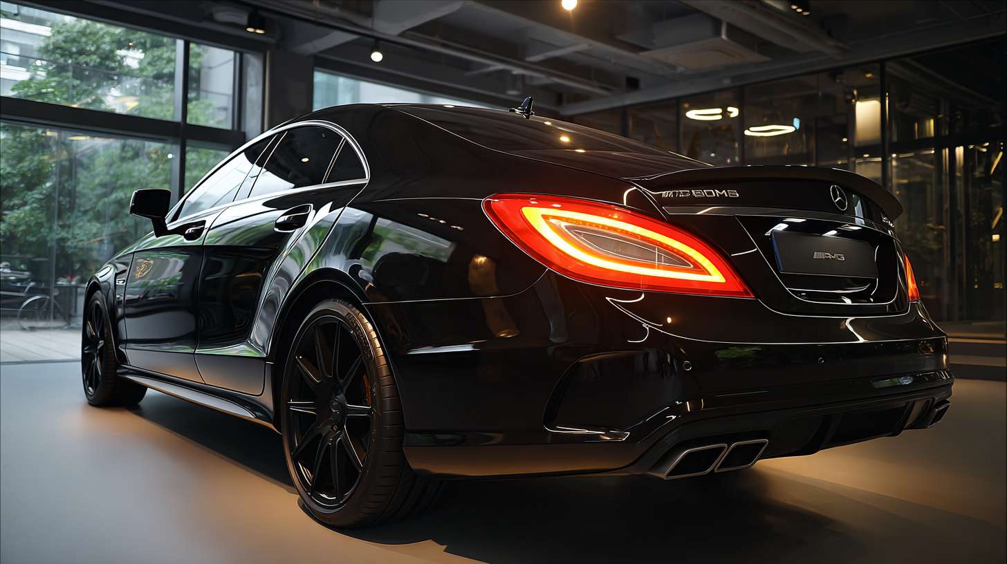 生成黑色车漆AMG CLS 63 S的震撼展厅主图，亮起尾灯 --ar 16:9 --v 7 --stylize 100 --fast --no 水印