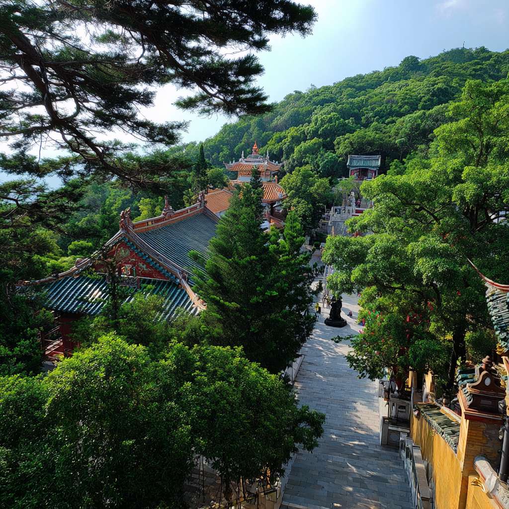 爬山朝拜图，周围苍翠的山林，庙宇屋顶隐约其中，夹道有禅意雕塑，路面上有佛教咒语标识，庙宇隐约其中，厦门古厝屋顶露出一点点，增加朝拜上山路上的仪式感 --ar 1:1 --v 7 --stylize 100 --fast --no 水印