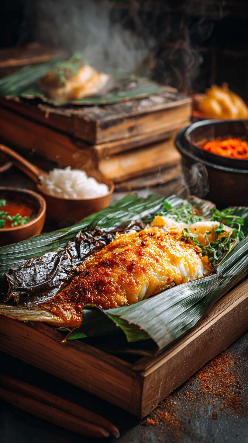 芭蕉叶烤鱼，打开热气腾腾的芭蕉叶，看见一条包裹着作料的鱼冒着热气，滋啦滋啦的声音下，看到若隐若现的雪白的鱼肉，看上去就非常有食欲，旁边还摆放着版纳特制口味的蘸料，隔着屏幕都溢出了鱼肉鲜甜 --ar 9:16 --v 7 --stylize 100 --fast --no 水印