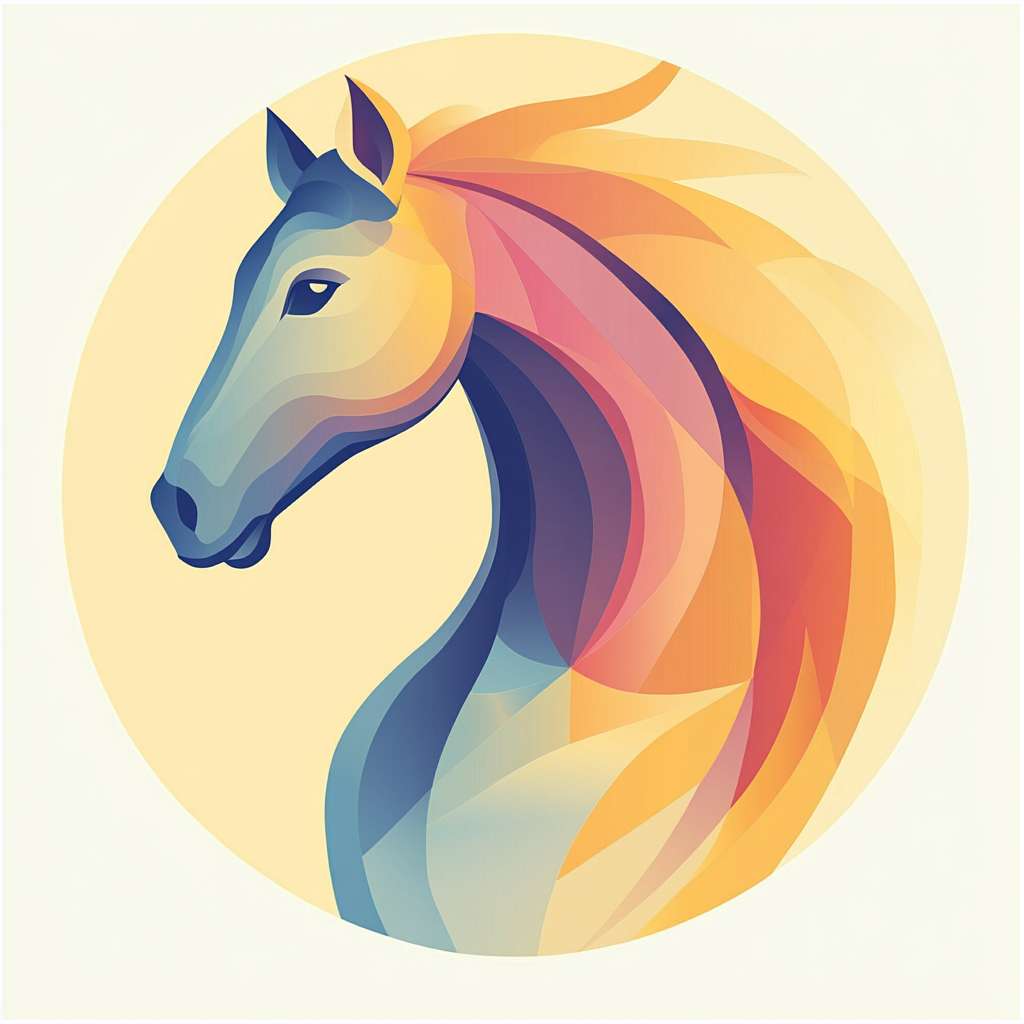 制作一个LOGO，马，具象化，矢量图形，半圆形和几何图形组成，线条流畅，极简艺术， --ar 1:1 --v 6.1 --stylize 100 --fast