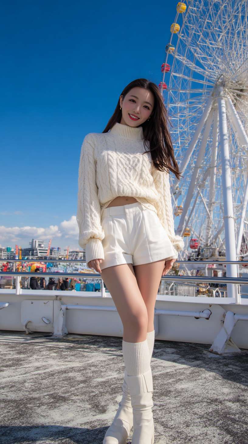 亚洲美少女，可爱，超短裙，高领，无袖，腹肌，短靴，白色过膝长袜，摩天轮，长发，微笑，高清晰 --ar 9:16 --v 7 --stylize 100 --fast --no 水印,水印,水印,水印,水印