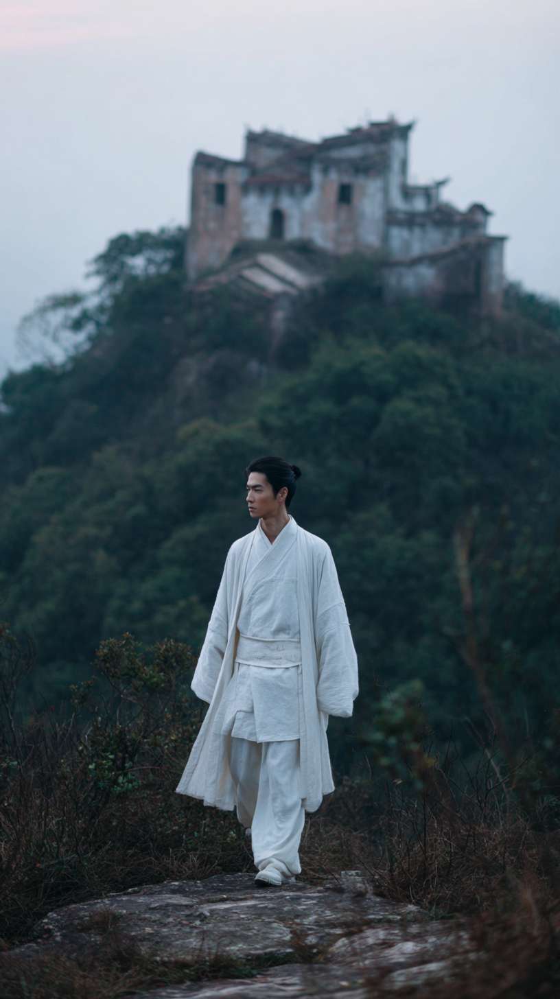 全景镜头：在深山里面，月光照亮着地面，一个身着白色书生服的英俊男子，背着书箱【需清晰】，外面下着雨比较阴暗，前面有点远的地方是一座破败的寺庙矗立在荒山野岭中，背面远景镜头，写实一些的风格 --ar 9:16 --v 7 --stylize 100 --fast --no 水印