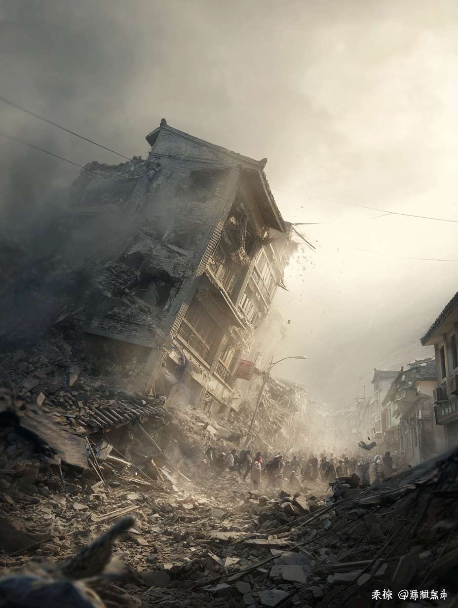 宋代地震灾难场景，房屋倒塌，尘土飞扬，居民惊慌逃跑，中国传统建筑结构损坏特写，灾难性氛围，灰黄色调，动态模糊效果 --ar 3:4 --v 7 --stylize 100 --fast --no 水印