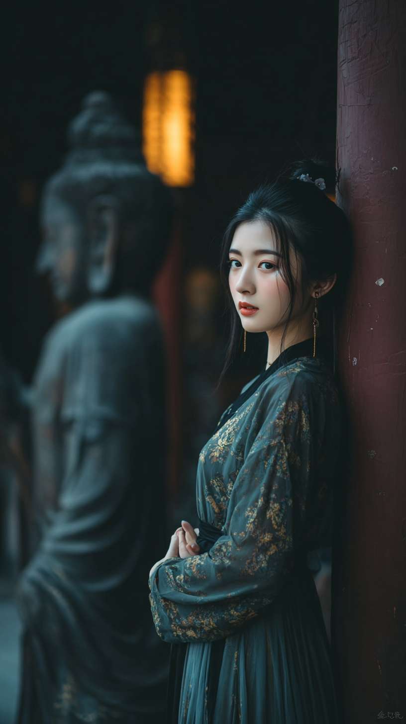 https://img-xpc-mj0.xpccdn.com/prod/txt2img/41cd0ee9-a6d1-489f-b685-84eb70e013de/07e9395f-bd24-4b7d-bd0a-a496acee976f_0_0.png~tplv-5yakomv5zn-auto-v1%3A1024%3A0%3Aq75.jpg 完全参考该图人物容貌和穿着，佛像在侧面，柱子和女人在远景正对面 --ar 9:16 --v 7 --stylize 100 --fast --iw 1 --no 水印