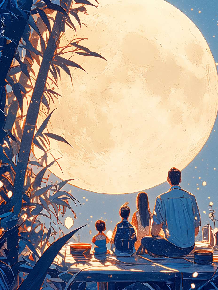 On the night of the Mid-Autumn Festival, a family sits in the yard and looks up at the sky. One of them holds a mooncake in his hand. There is a huge moon in the sky. The moon is drawn with complex linear colored lines. The illustration is drawn with flat-style colored lines. It is an imaginative illustration. 64K, --ar 3:4 --stylize 1000 --fast --niji 6