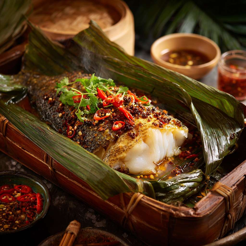 芭蕉叶烤鱼，打开热气腾腾的芭蕉叶，看见一条包裹着作料的鱼冒着热气，滋啦滋啦的声音下，看到若隐若现的雪白的鱼肉，看上去就非常有食欲，旁边还摆放着版纳特制口味的蘸料，隔着屏幕都溢出了鱼肉鲜甜 --ar 1:1 --v 7 --stylize 100 --fast --no 水印