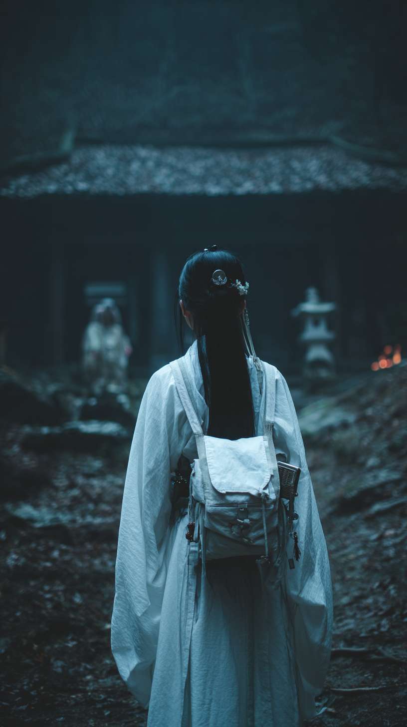 在深山里面，月光照亮着地面，一个身着白色衣服的书生，背着书箱，簪子盘着头发，外面下着雨比较阴暗，前面有点远的地方是一座破败的寺庙，背向镜头，远景镜头，写实一些的风格 --ar 9:16 --v 7 --stylize 100 --fast --no 水印